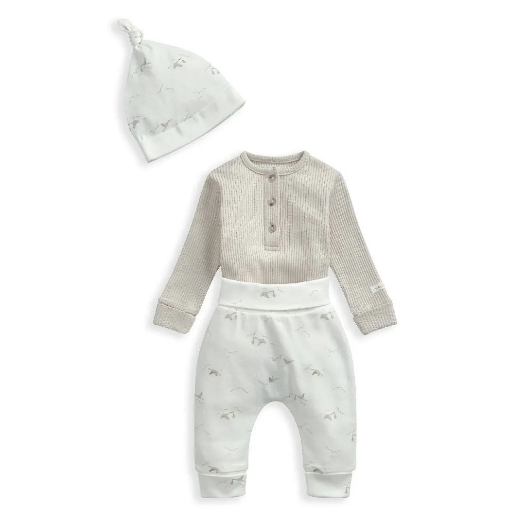 Mamas and Papas Ribbed Bodysuit, Stork Print Pants & Beanie - 3 Piece Set