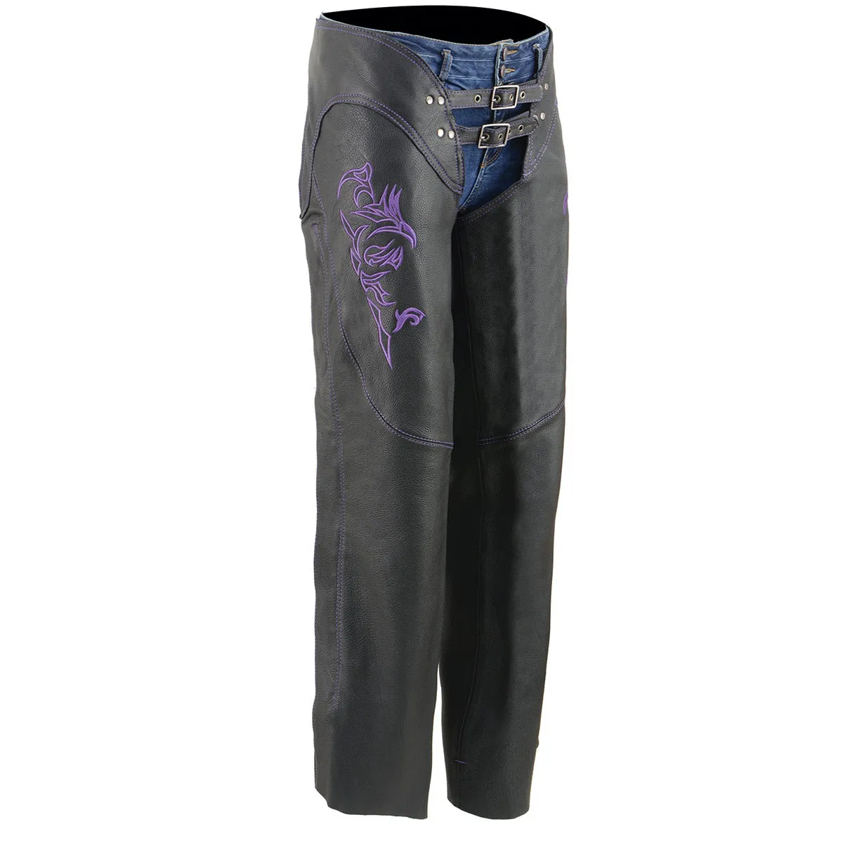 Milwaukee Leather Chaps for Women Black and Purple Low-Rise Waist- Double Buckle Reflective Embroidery Motorcycle Chap- ML1187