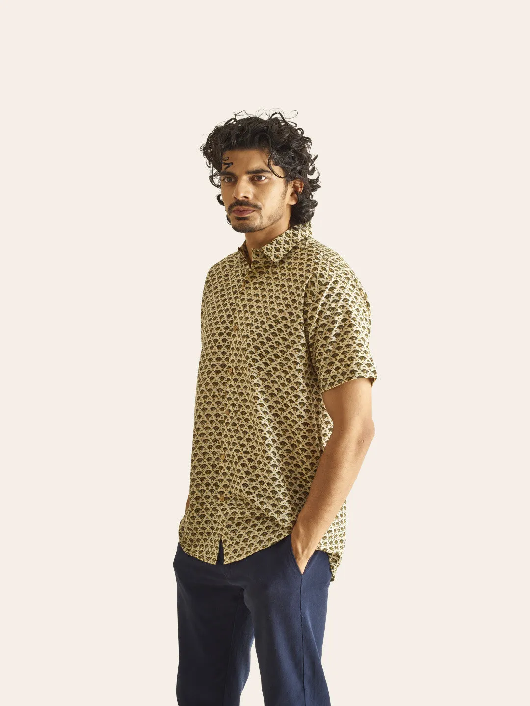 Mustard Motif Ivory Handblock Printed Cotton Shirt