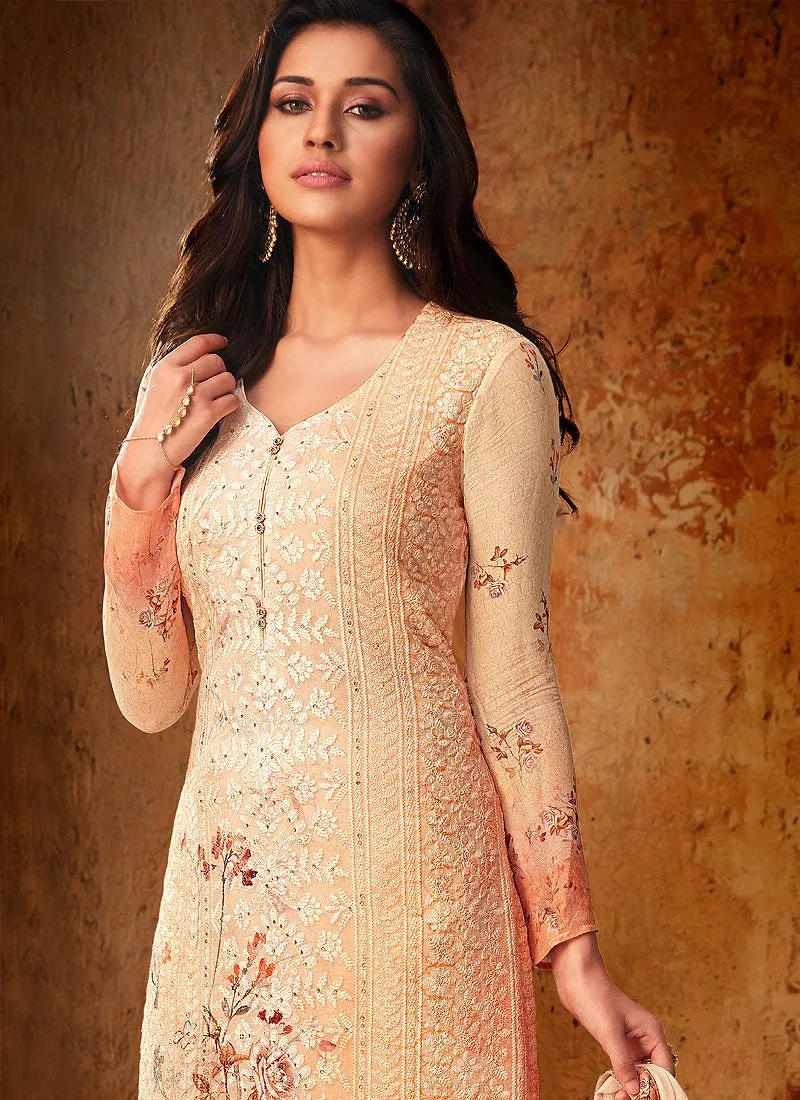 Pale Orange Multi Embroidered And Printed Designer Palazzo Suit