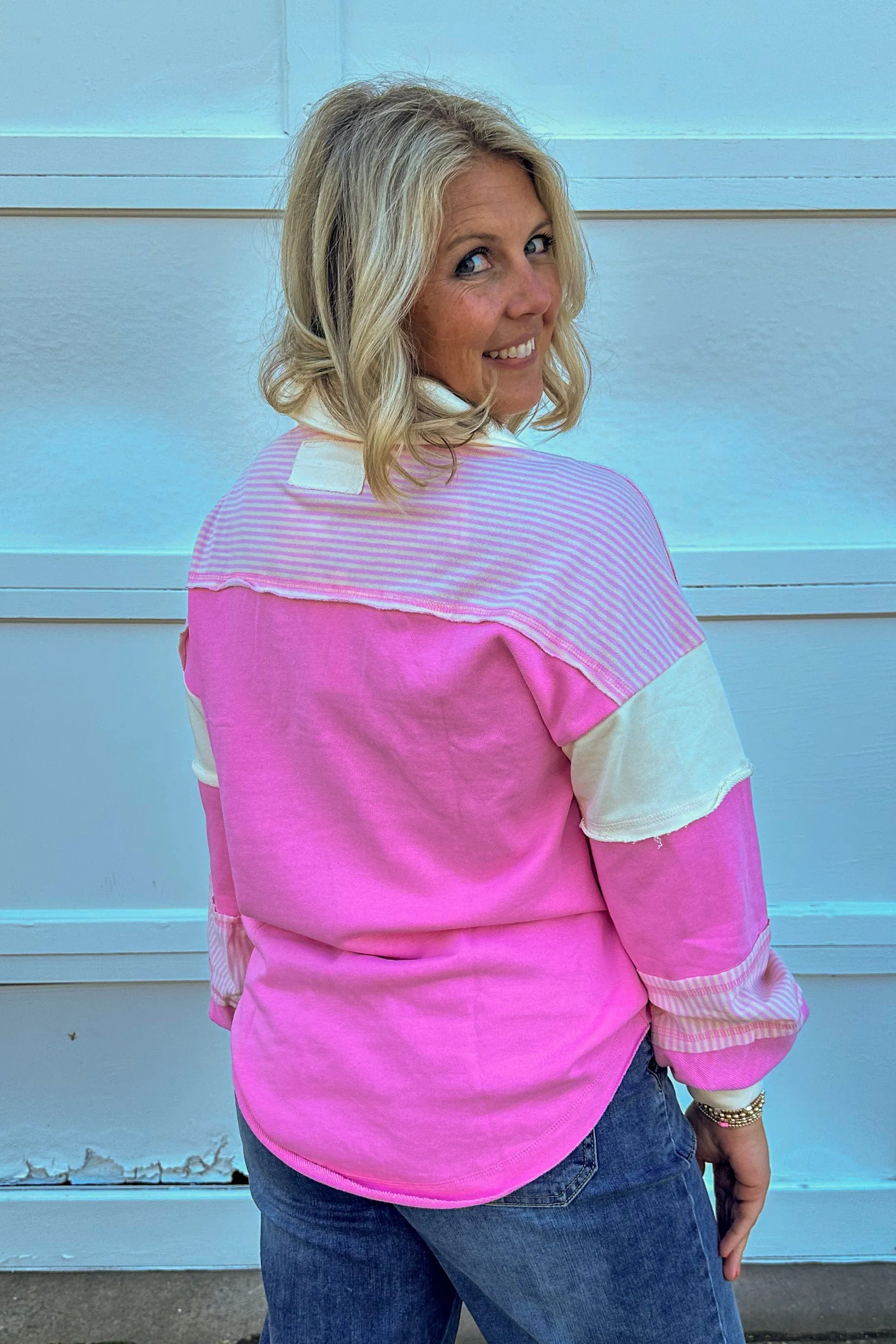 Pink Color Block Casual Knit Top