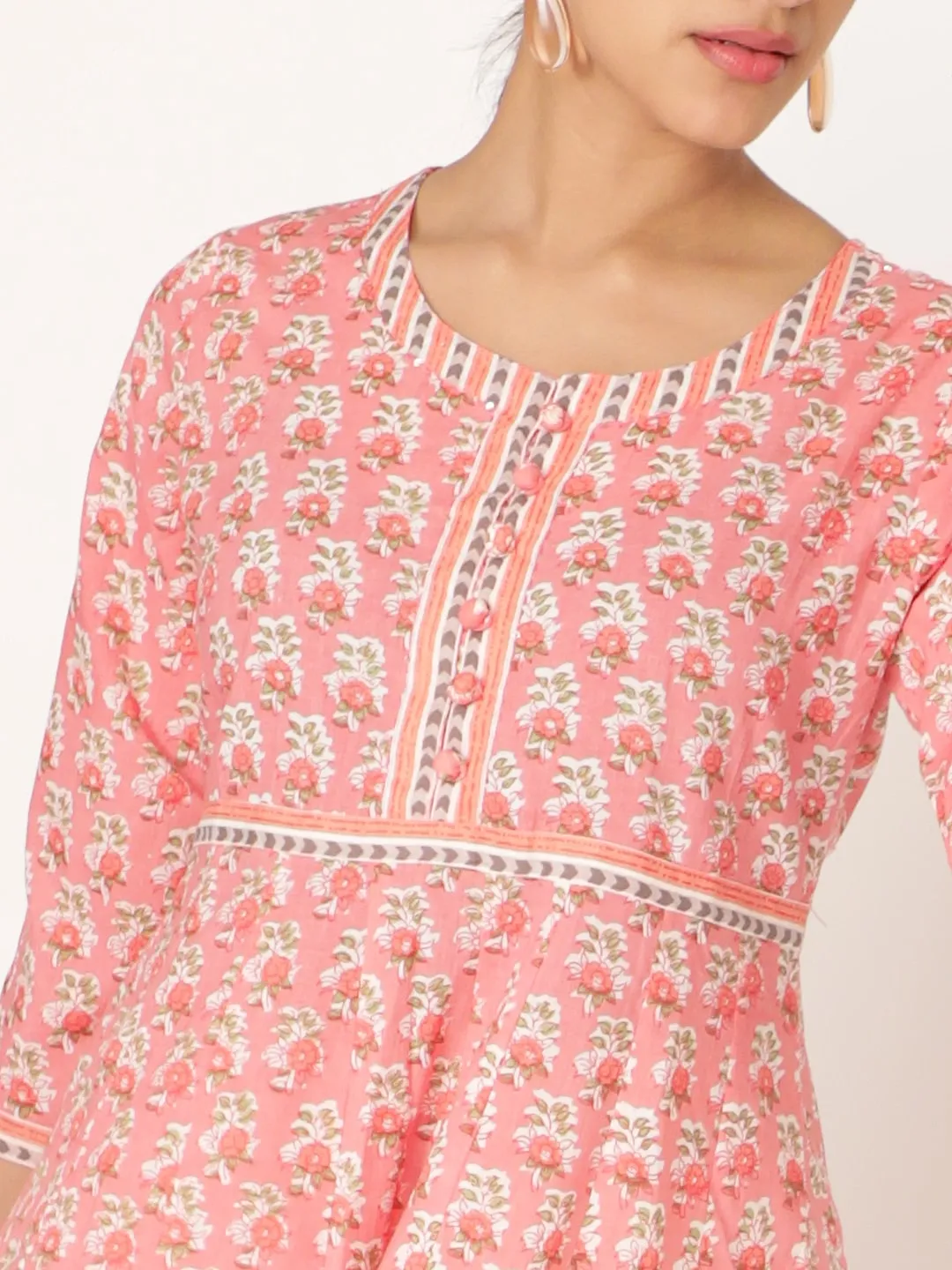 Pink Cotton Hand Block Printed Round Neck Kurta Set