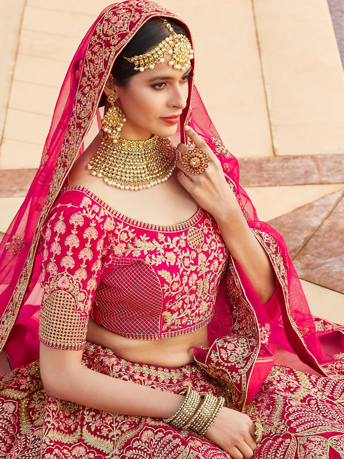 Pink Pure Velvet Semi Stitched Lehenga With Unstitched Blouse