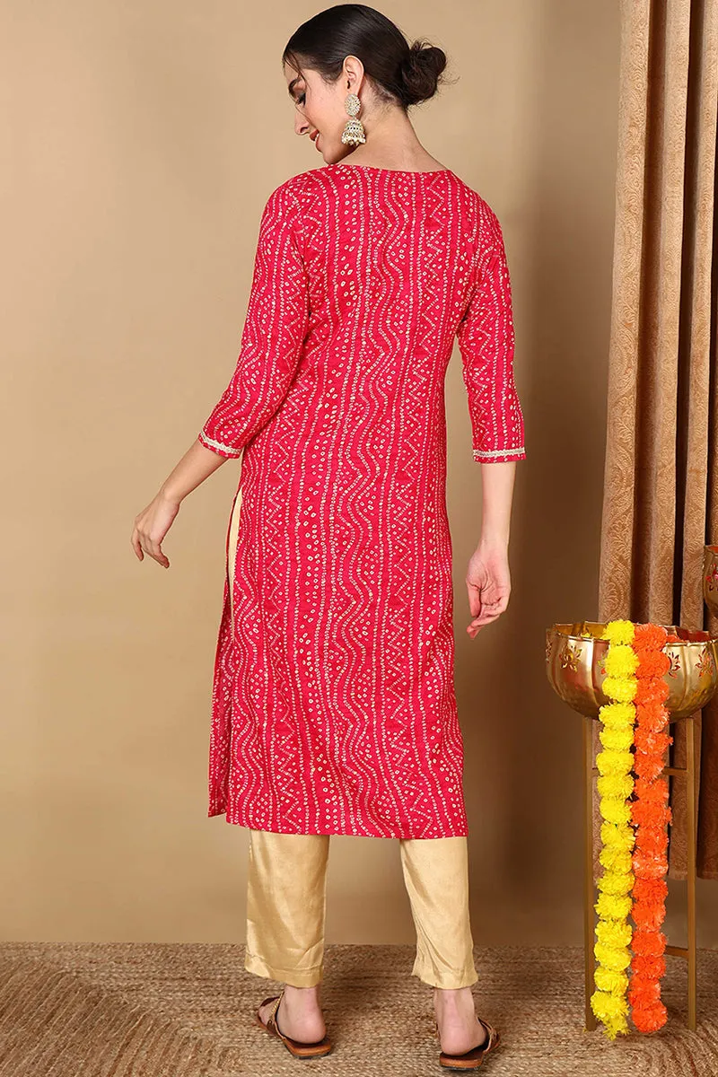 Pink Viscose Rayon Bandhani Embroidered Straight Kurta