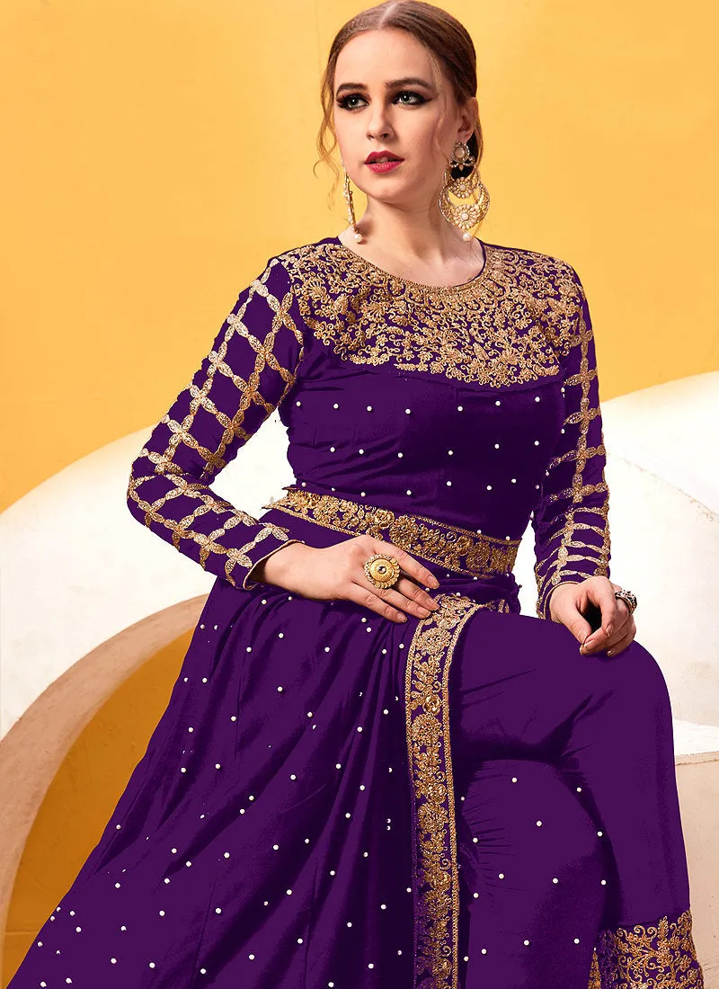 Purple Golden Heavy Embroidered Pant Suit