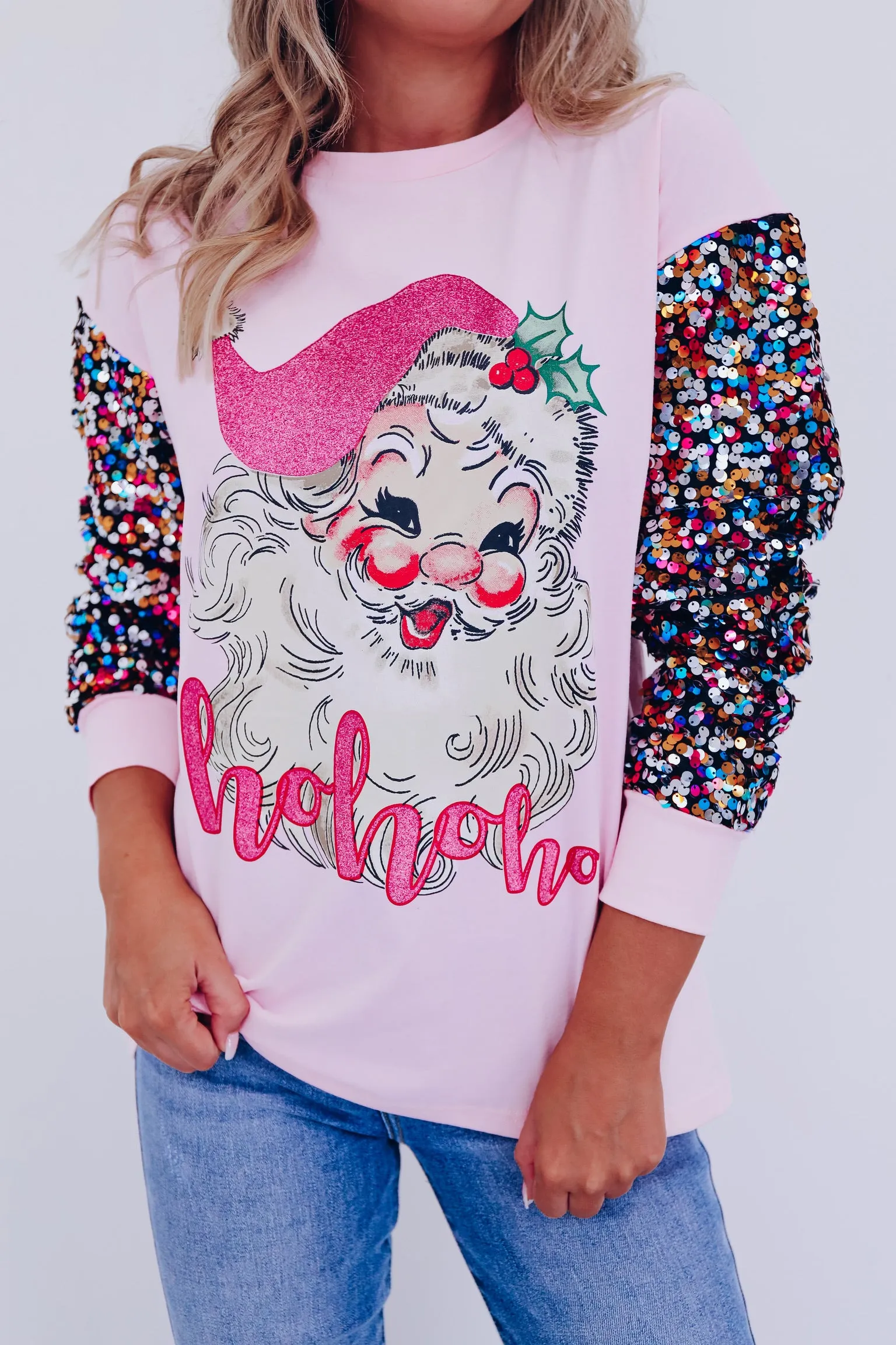 Santa Ho Ho Ho Sequin Graphic Tee - Pink