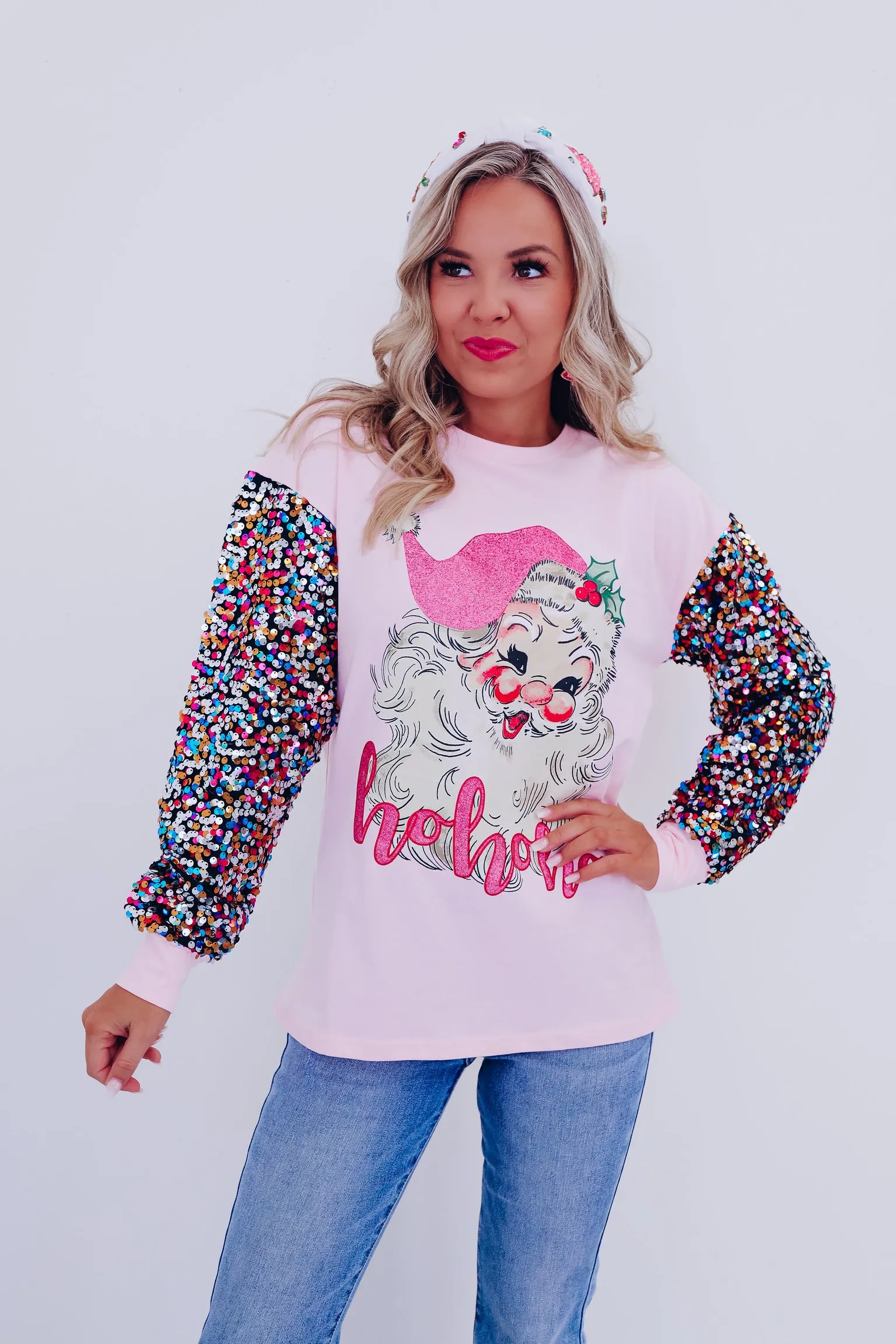 Santa Ho Ho Ho Sequin Graphic Tee - Pink