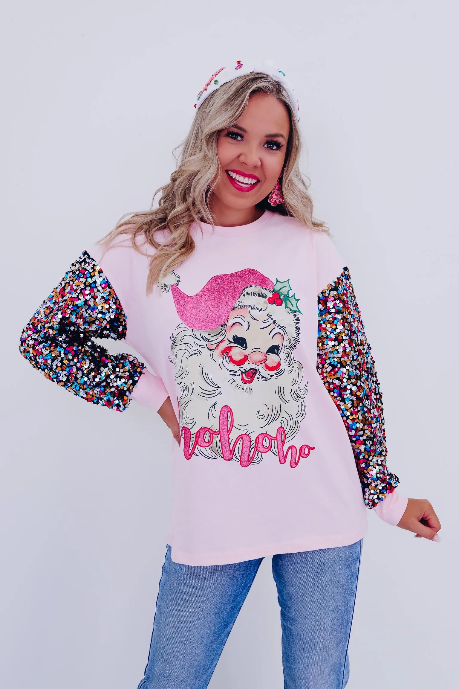 Santa Ho Ho Ho Sequin Graphic Tee - Pink