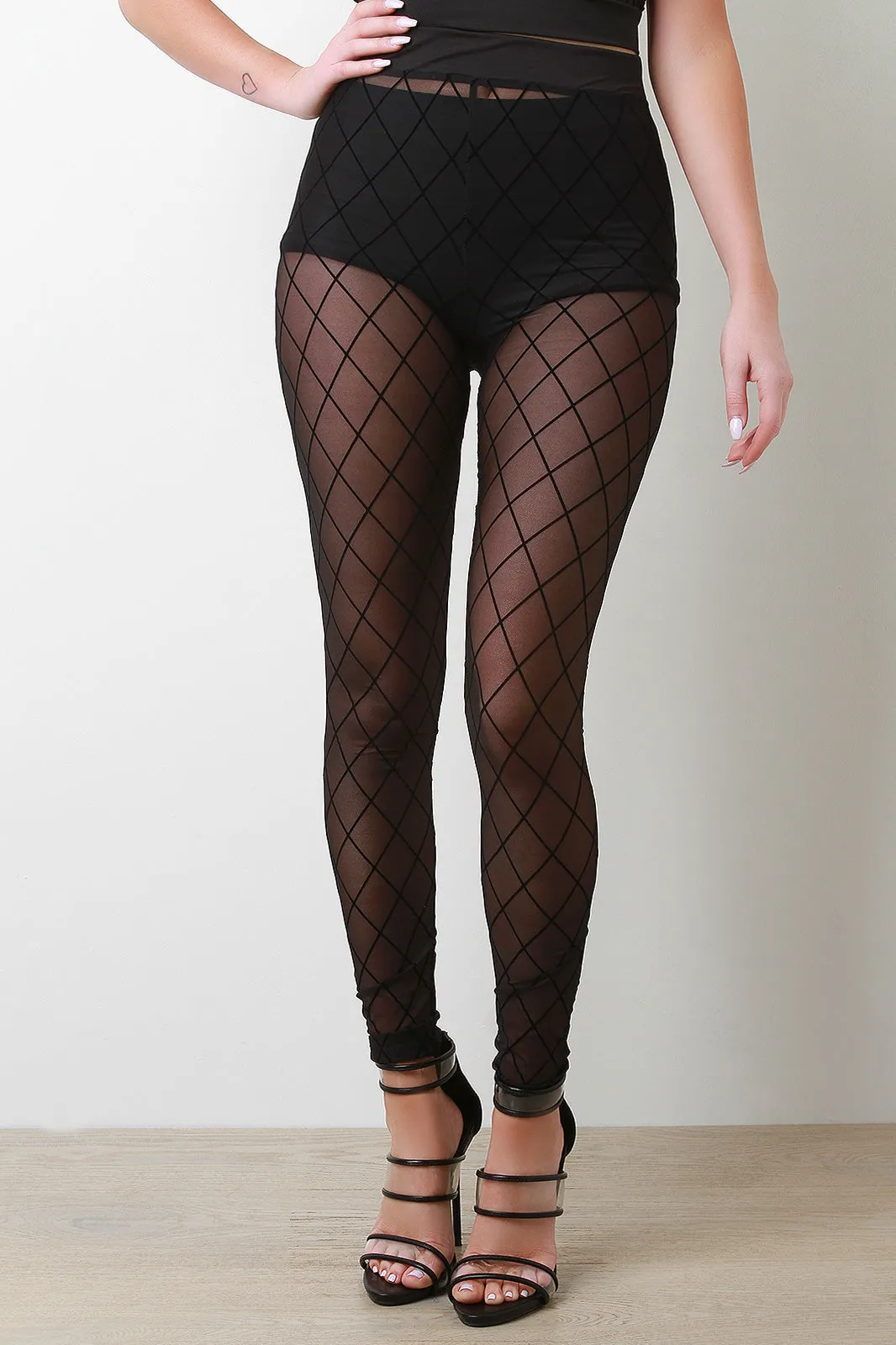 Semi-Sheer Diamond Pattern High Waisted Leggings