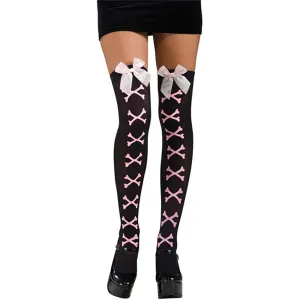 Skull & Crossbones Women's Thigh High Leggings Stockings w/ Bow (Black/Pink)