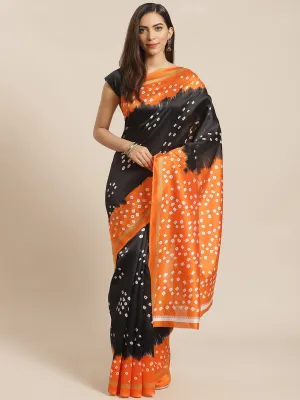 SVB Saree Orange And Black Bandhani Print Saree