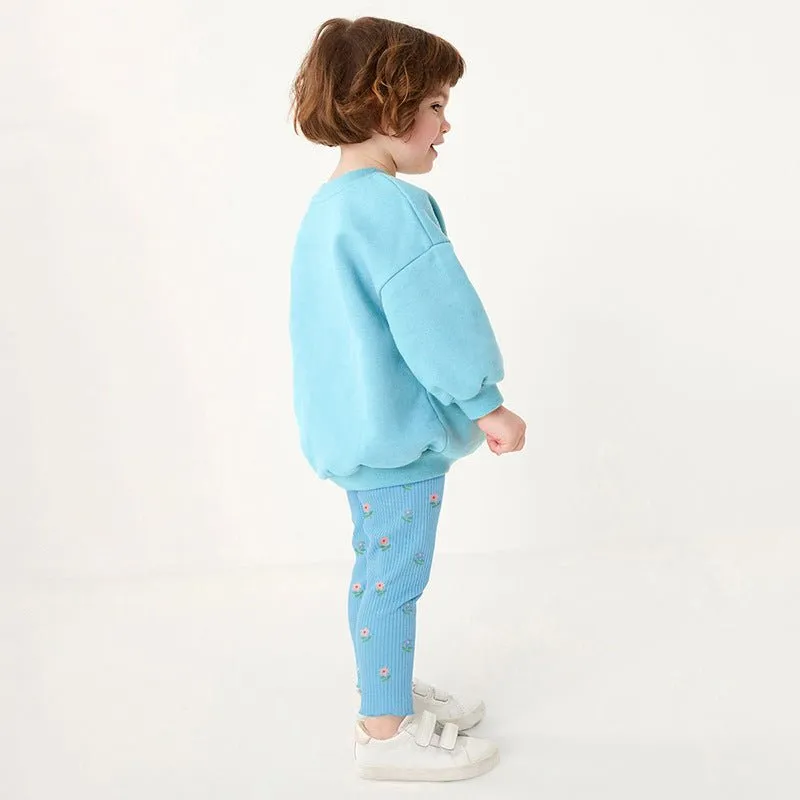 Toddler/Kid Girl's Flower Embroider Design Blue Sweatshirt with Leggings Set