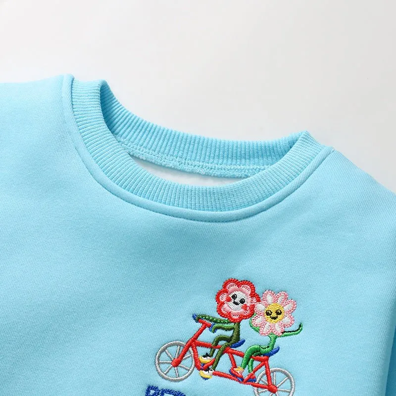 Toddler/Kid Girl's Flower Embroider Design Blue Sweatshirt with Leggings Set