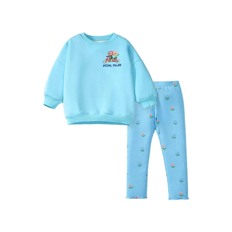 Toddler/Kid Girl's Flower Embroider Design Blue Sweatshirt with Leggings Set