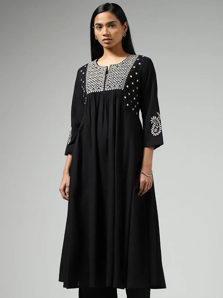 Utsa Black Mirror Embroidered Gathered Kurta