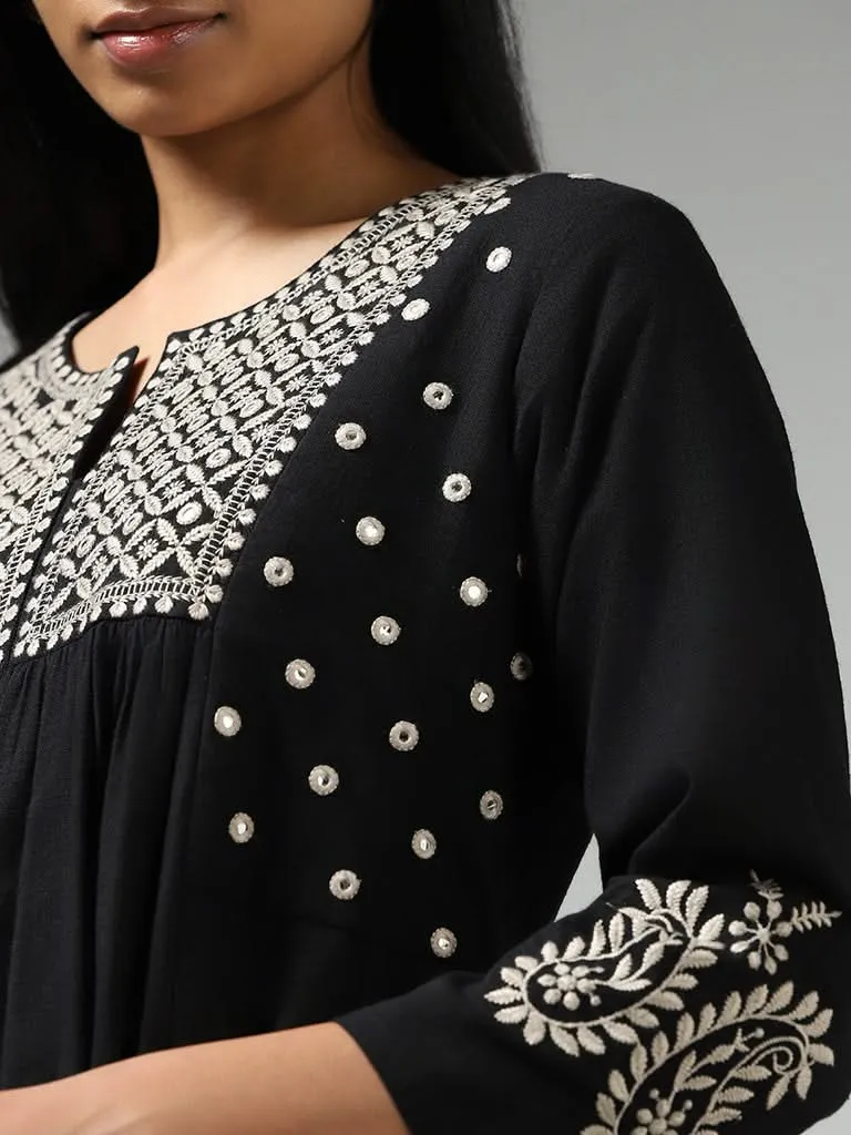 Utsa Black Mirror Embroidered Gathered Kurta