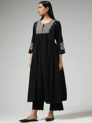 Utsa Black Mirror Embroidered Gathered Kurta