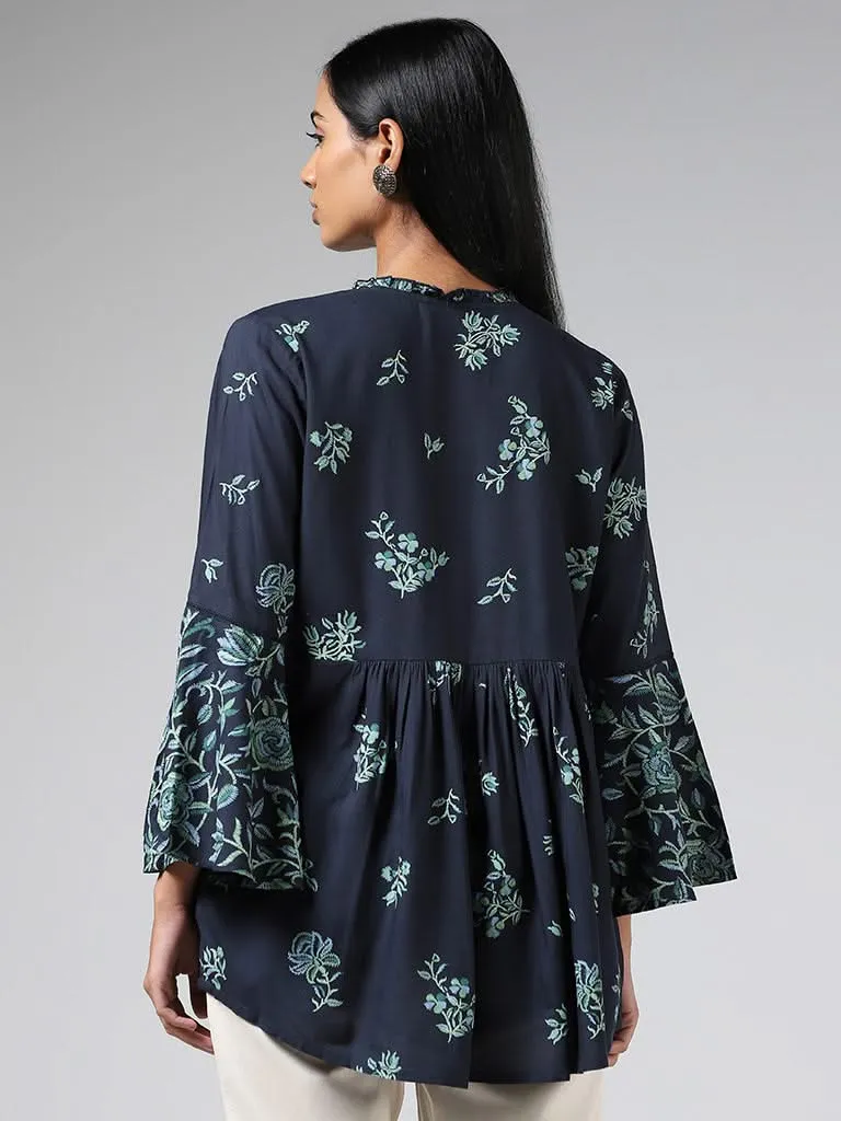 Utsa Dark Blue Floral Printed Bell Sleeves Gathered Kurti