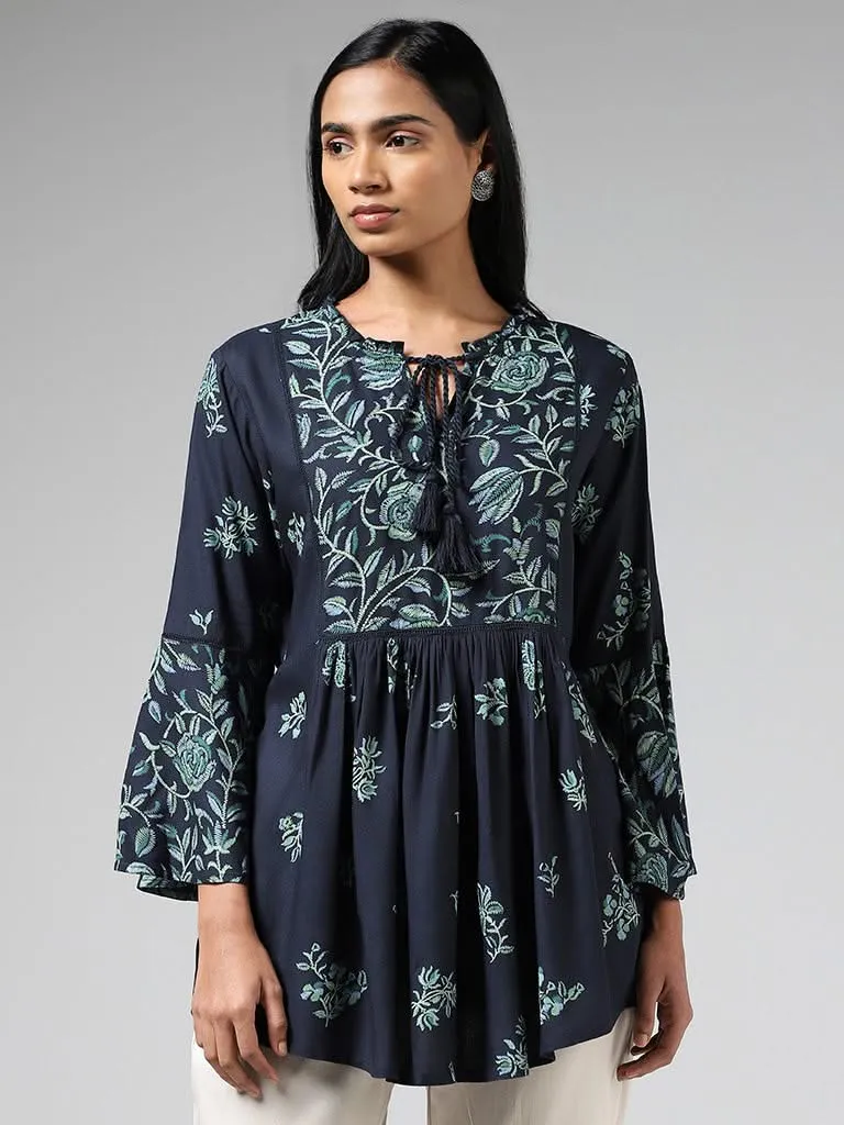 Utsa Dark Blue Floral Printed Bell Sleeves Gathered Kurti