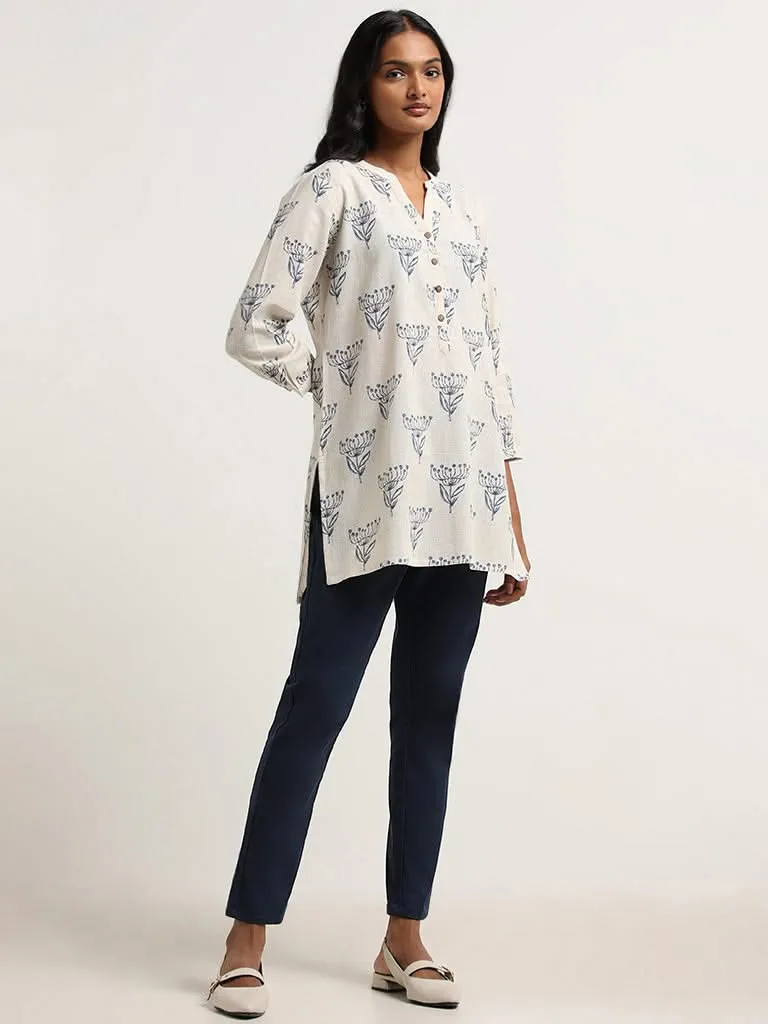 Utsa Off White Floral Printed Cotton Tunic