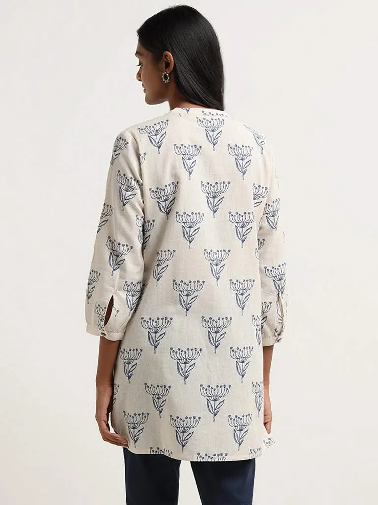 Utsa Off White Floral Printed Cotton Tunic