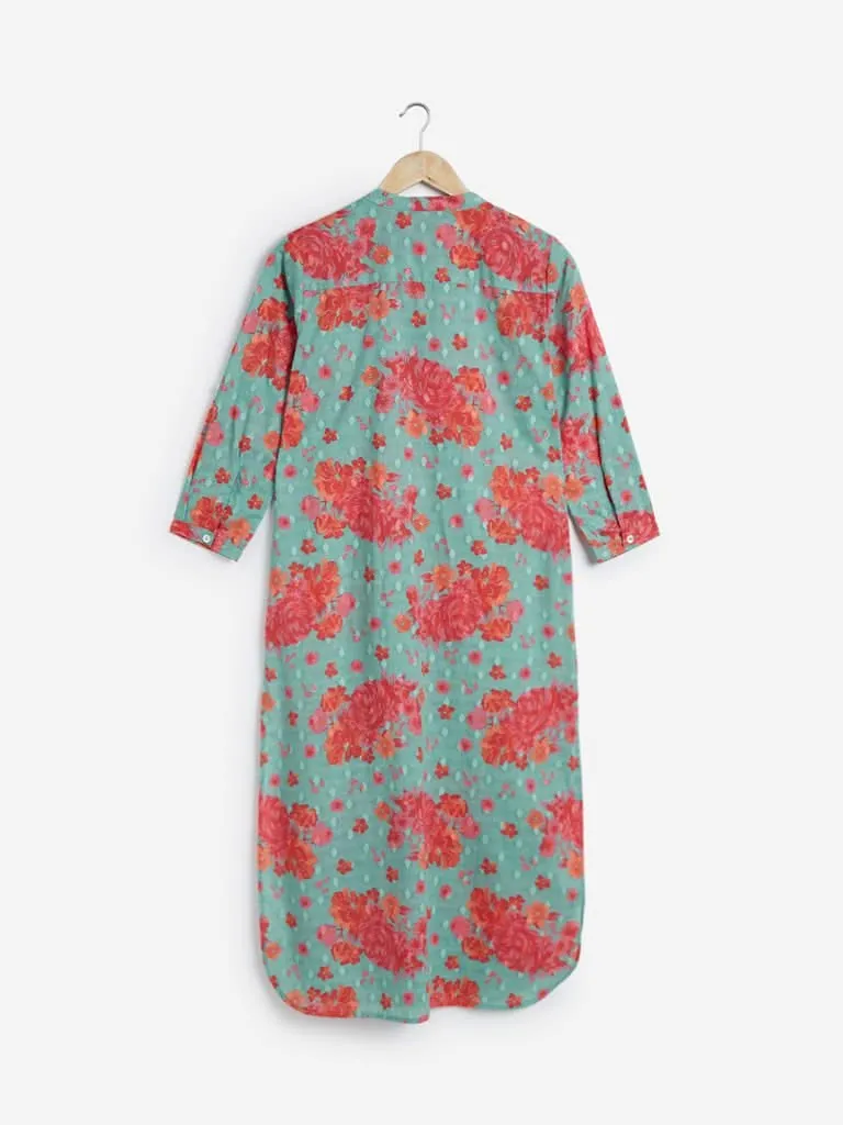 Utsa Turquoise Rose Print Straight Kurta