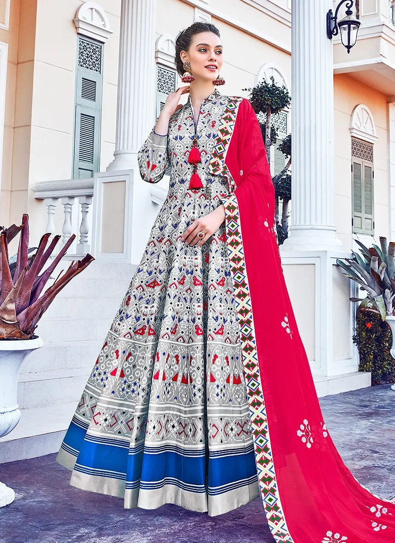 White Multi Colour Printed Cotton Silk Anarkali Suit