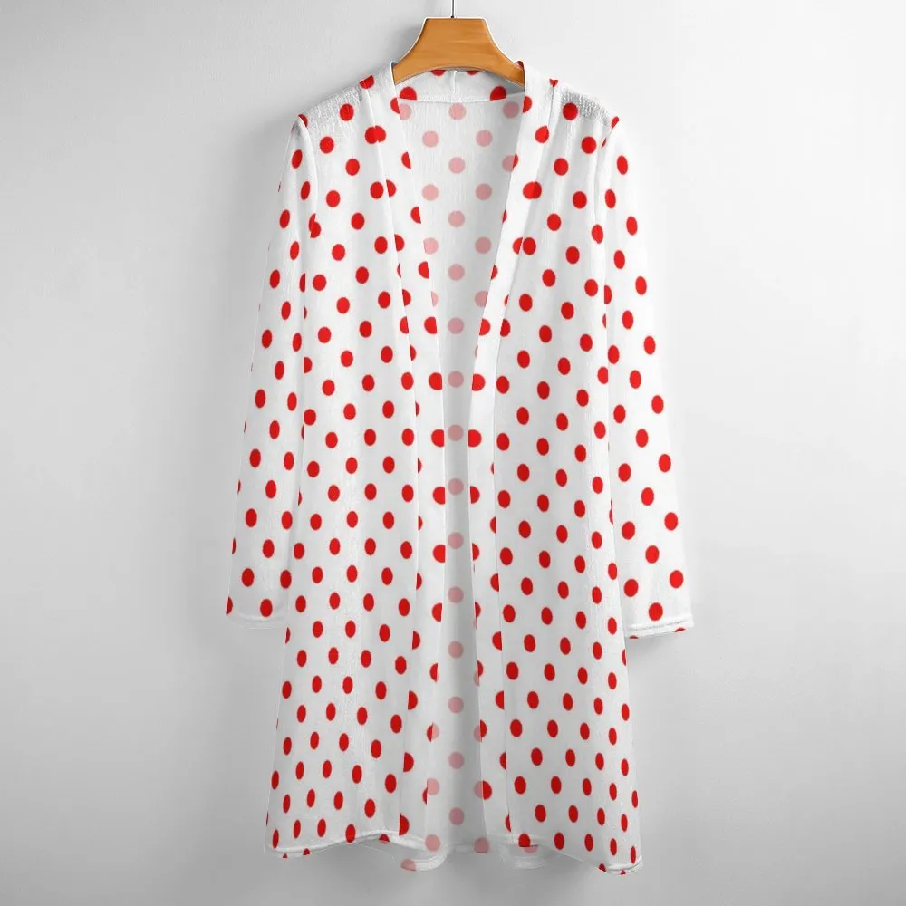 White With Red Polka Dots Women's Mid-Length Cardigan