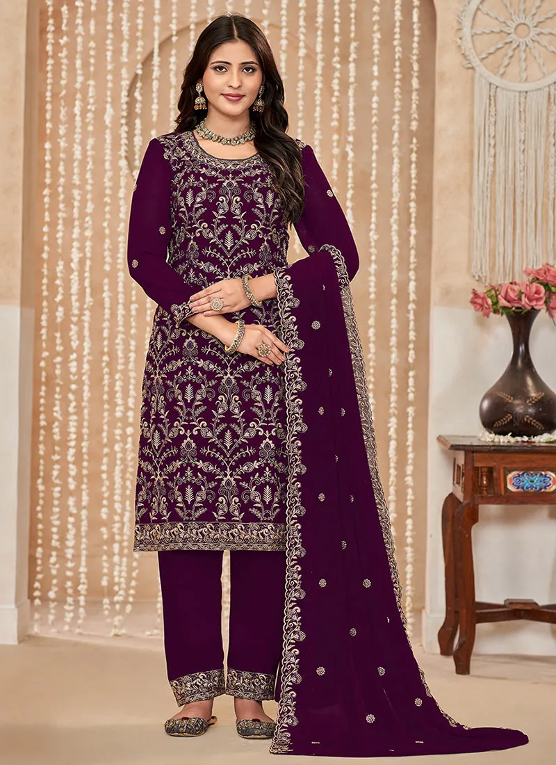 Wine Embroidered Salwar Kameez Suit