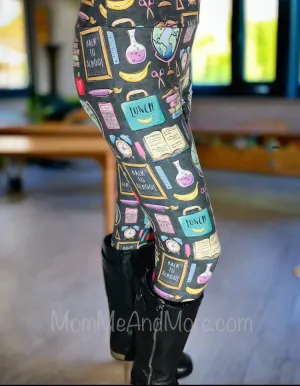 Womens Back To School Theme Teacher Leggings, Soft Yoga Pants, Sizes OS/TC, Yoga Waist, Gray/Multi, Exclusive Leggings