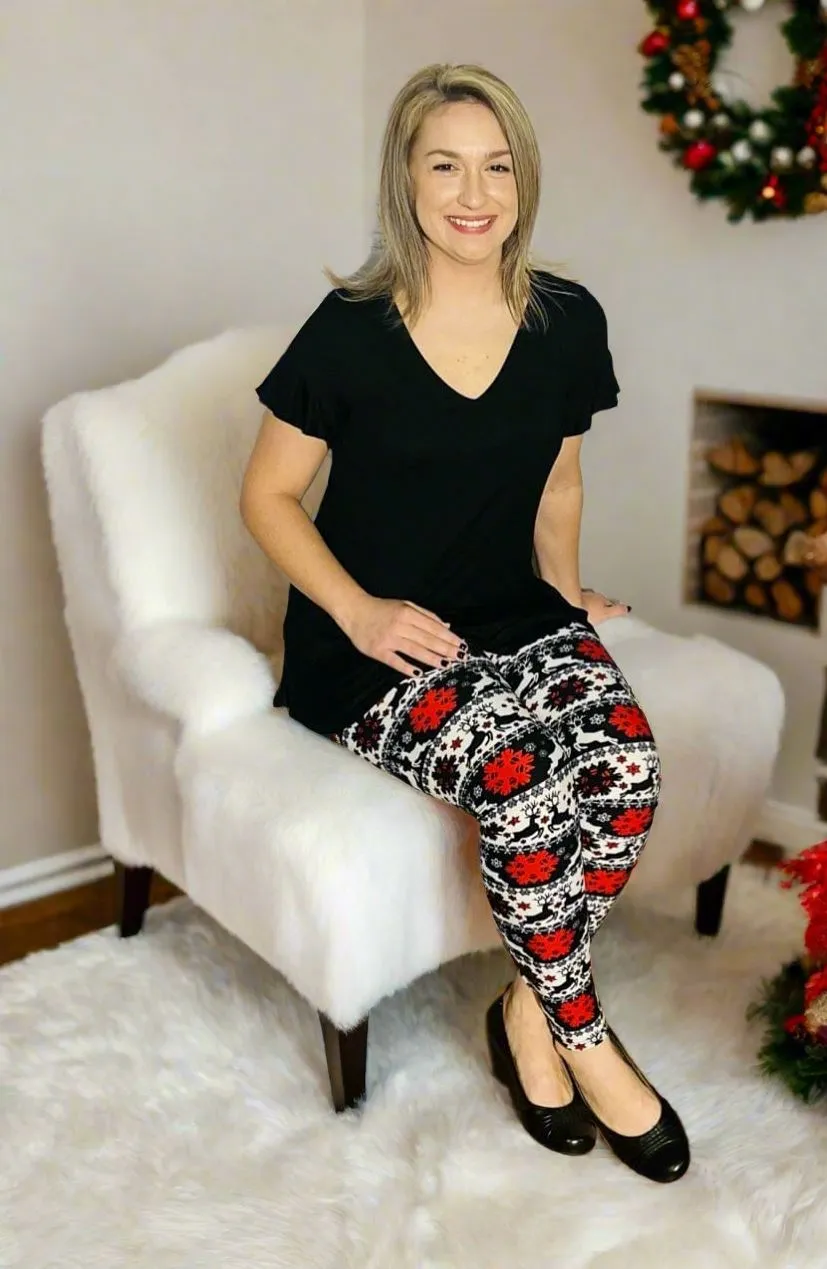 Womens Christmas Reindeer Holiday Leggings, Soft Yoga Pants, Sizes 0-20, Yoga Waist, Black/Red/White