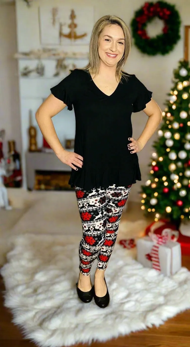 Womens Christmas Reindeer Holiday Leggings, Soft Yoga Pants, Sizes 0-20, Yoga Waist, Black/Red/White