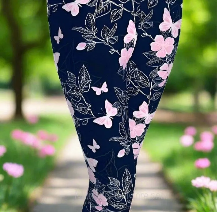 Womens Pink Butterfly Leggings, Soft Yoga Pants, Sizes 0-20, Yoga Waist, Pink/Black