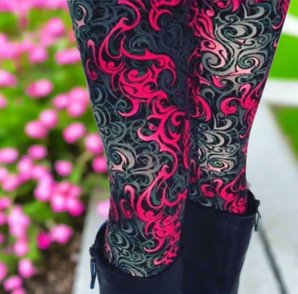 Womens Pink Paisley Leggings, Soft Yoga Pants, Sizes 0-18, No-Roll Waist, Pink/Gray/Green