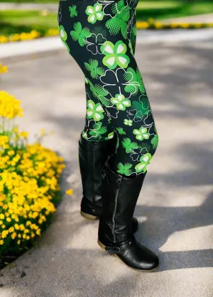 Womens Shamrock Leggings, St. Patrick Day Leggings, Soft Yoga Pants, Sizes OS/TC, Yoga Waist, Green/Black, Exclusive Leggings