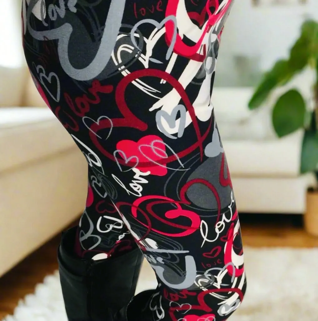 Womens Valentines Day Heart Leggings, Soft Yoga Pants, Sizes 0-20, Yoga Waist, Black/Red