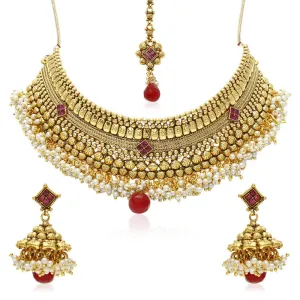 Yellow Chimes Exclusive Gold Plated Studded Pearl Antique Look Ethnic Traditional Choker Necklace Set with Maang Tikka Jhumka And Earrings Jewellery Set for Women